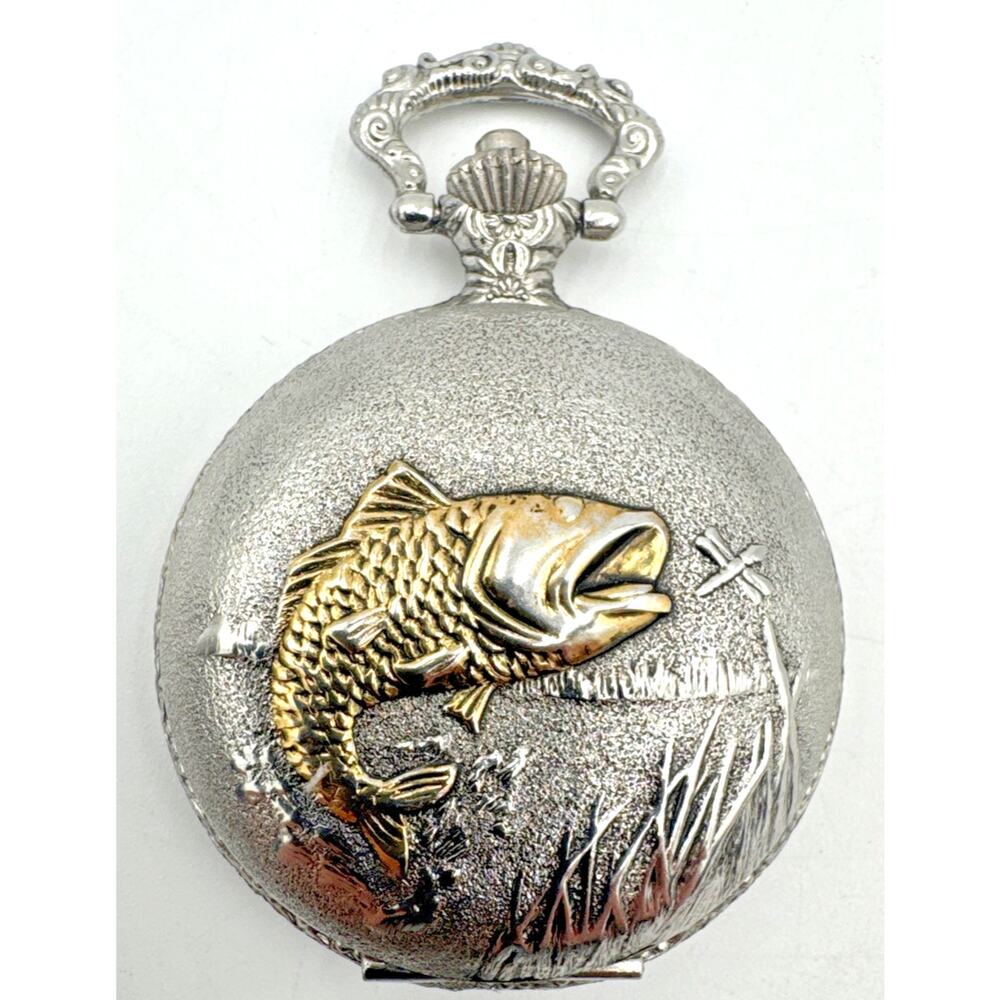 Field Ranger Fishing Pocket Watch 46mm Silver Tone - NO Chain New Battery